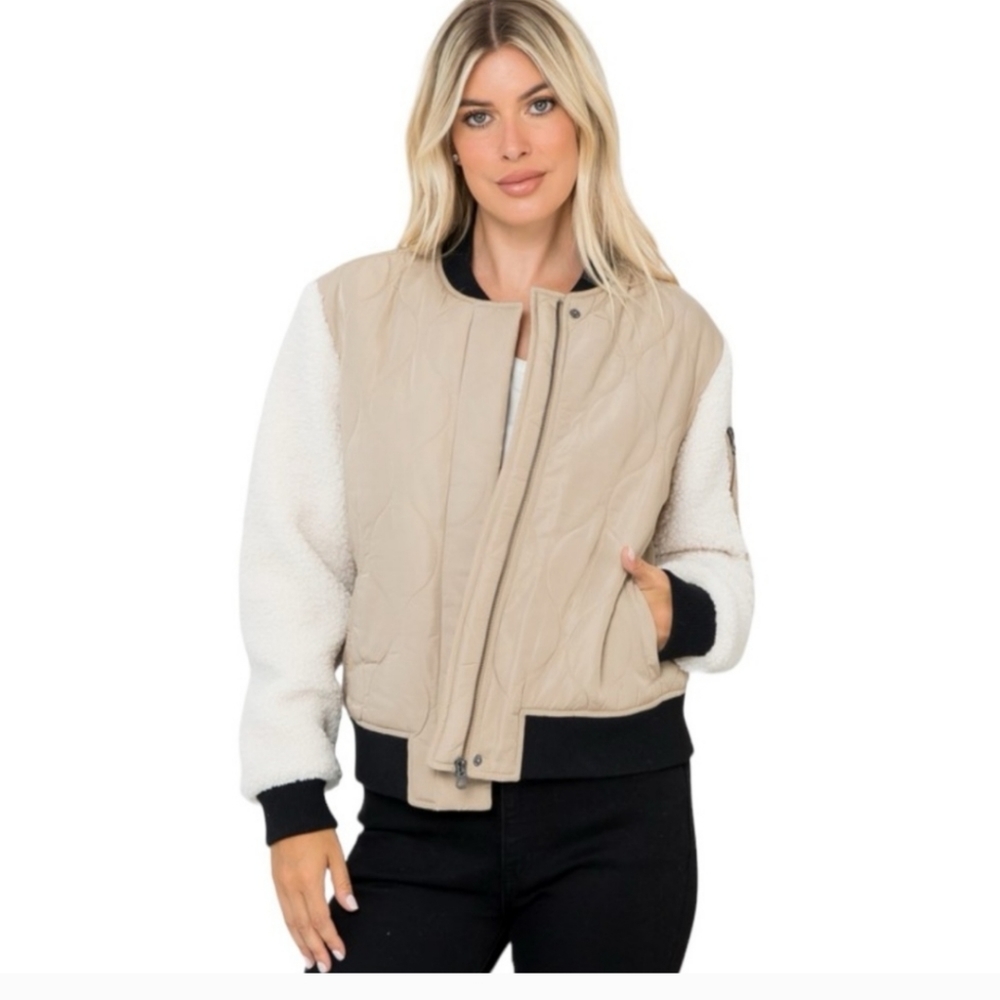 WOMEN'S TAUPE QUILTED BOMBER JACKET W/ SHERPA SLEEVE